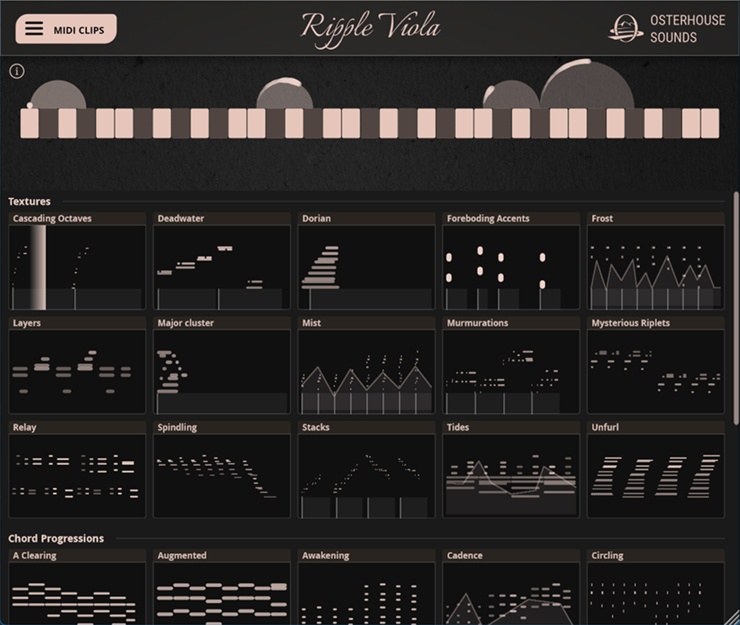 The Midi Clip Browser — a curated grid of MIDI clips with the keyboard and ripple network above
