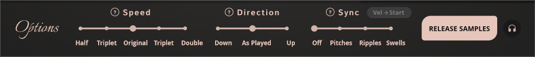 The Ripple Viola Options panel showing Speed, Direction, Sync, Release Samples and Headphones controls